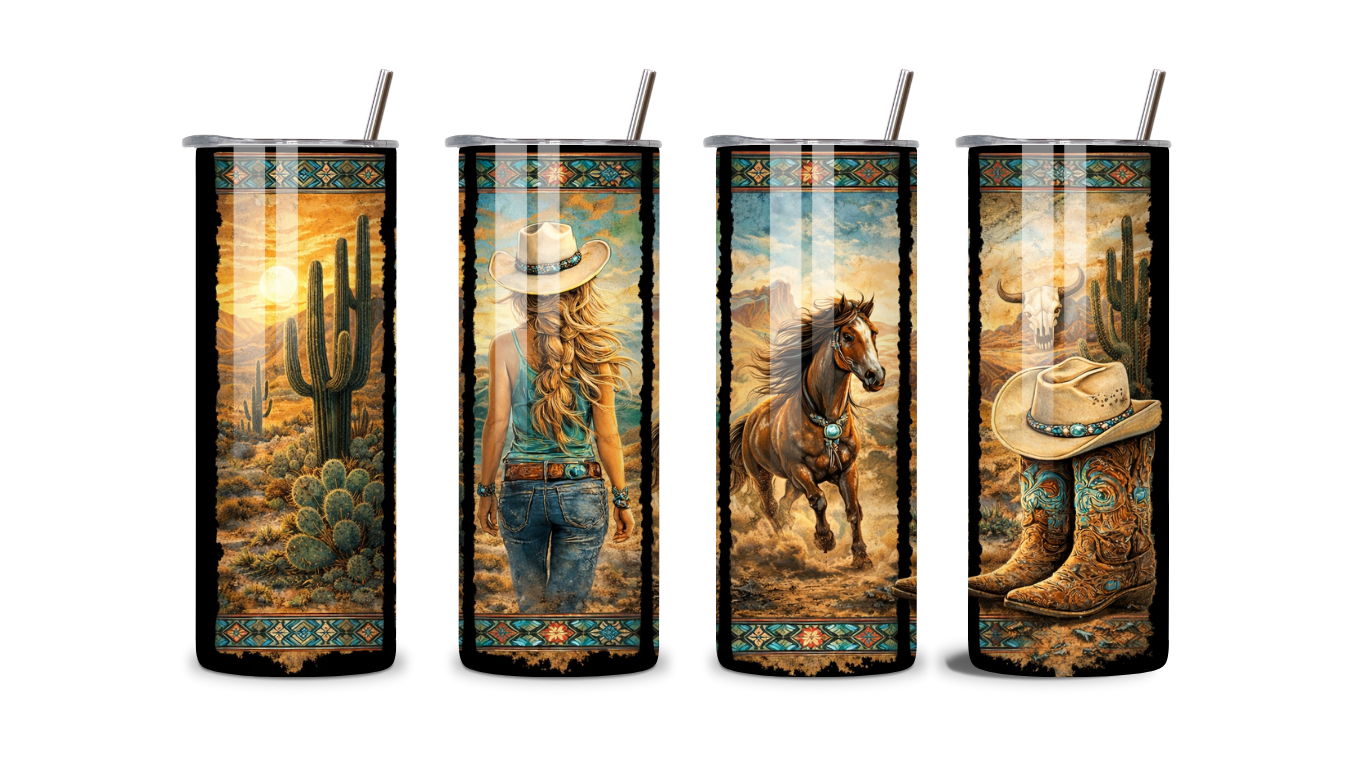 Western Desert Cowgirl Tumbler – 20oz Skinny Stainless Steel Cup with Lid & Straw | Turquoise Southwest Design