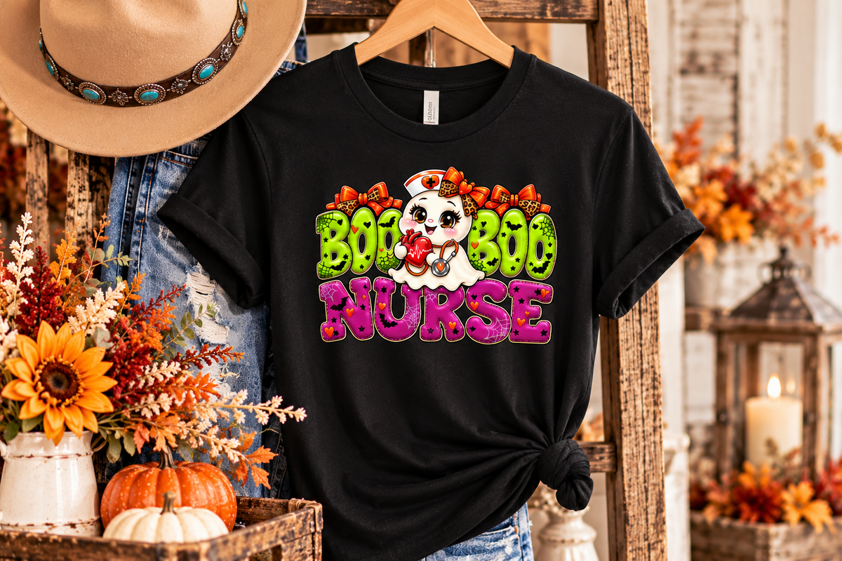Black Boo Boo Nurse Halloween graphic T-shirt on wooden hanger with colorful ghost nurse design, styled with pumpkins and fall flowers.