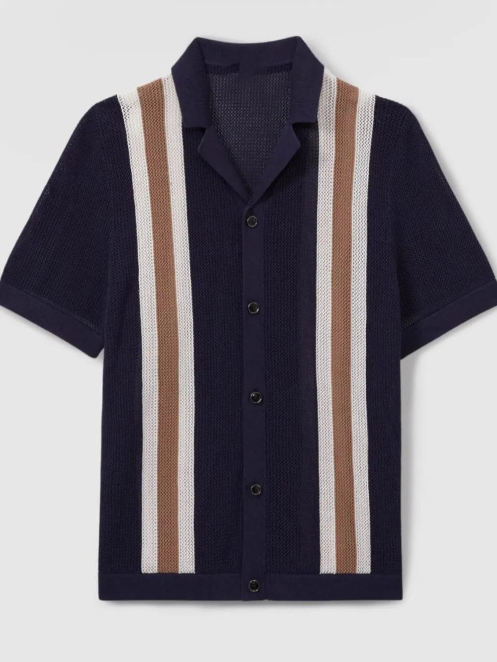 Men's navy short sleeve button-down shirt with textured knit and contrast vertical stripes, front view