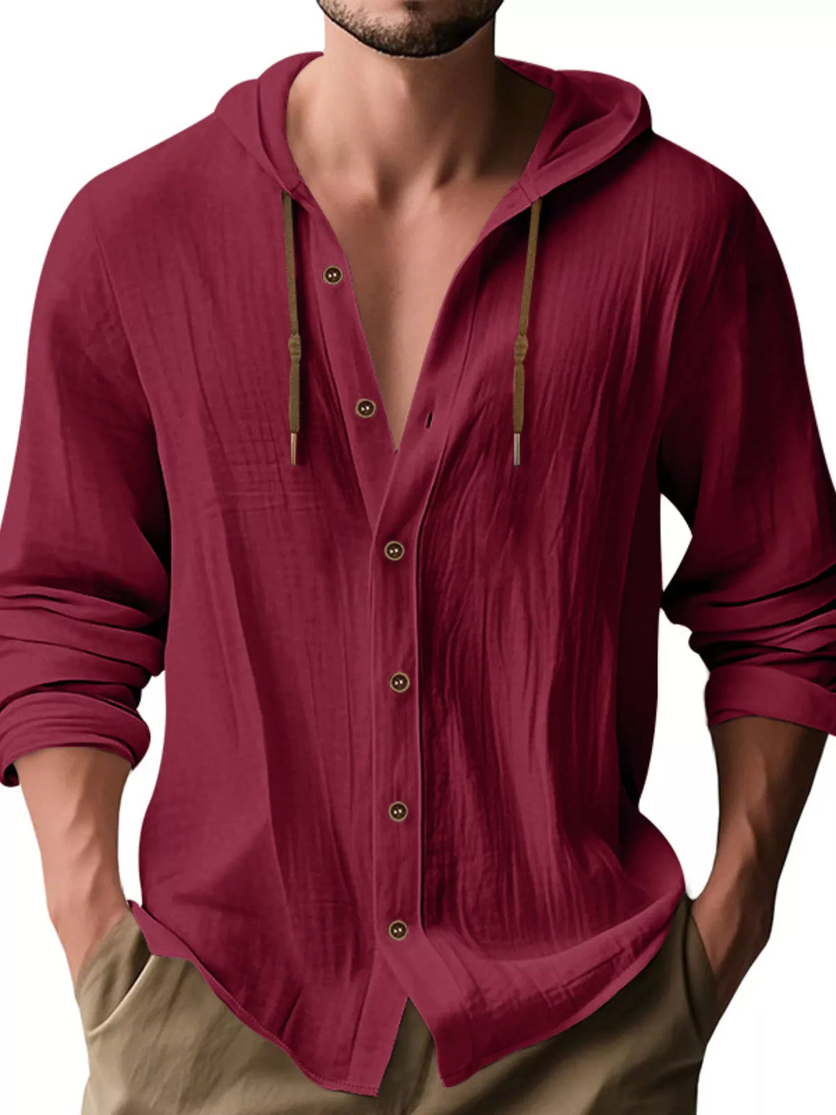 Man wearing a wine-red linen blend hooded button-down long sleeve shirt