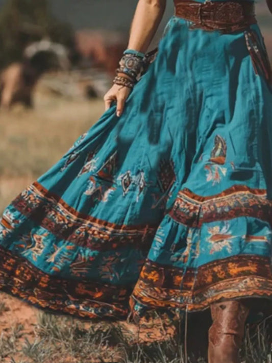 Western boho turquoise blue printed maxi dress with V-neck and short sleeves