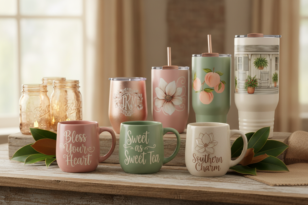 Stainless steel tumbler by Sassy Southern Creations featuring decorative artwork and text in a Southern-inspired style, displayed as a drinkware product.