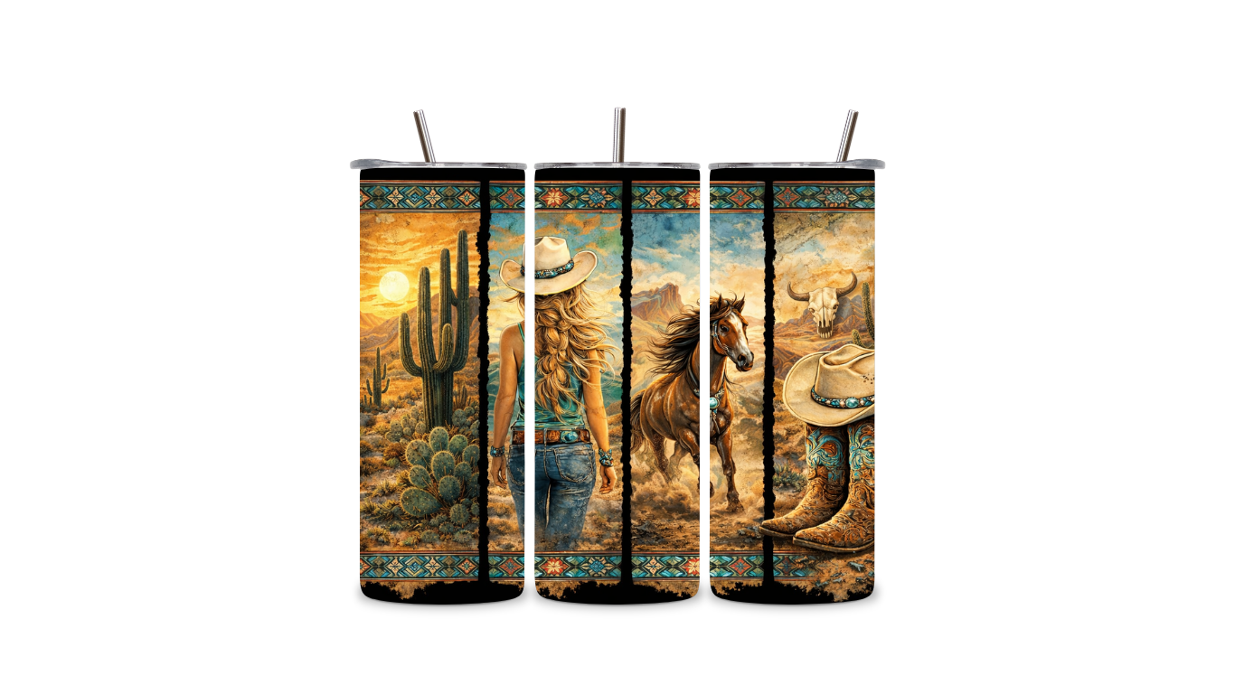 Western Desert Cowgirl Tumbler – 20oz Skinny Stainless Steel Cup with Lid & Straw | Turquoise Southwest Design