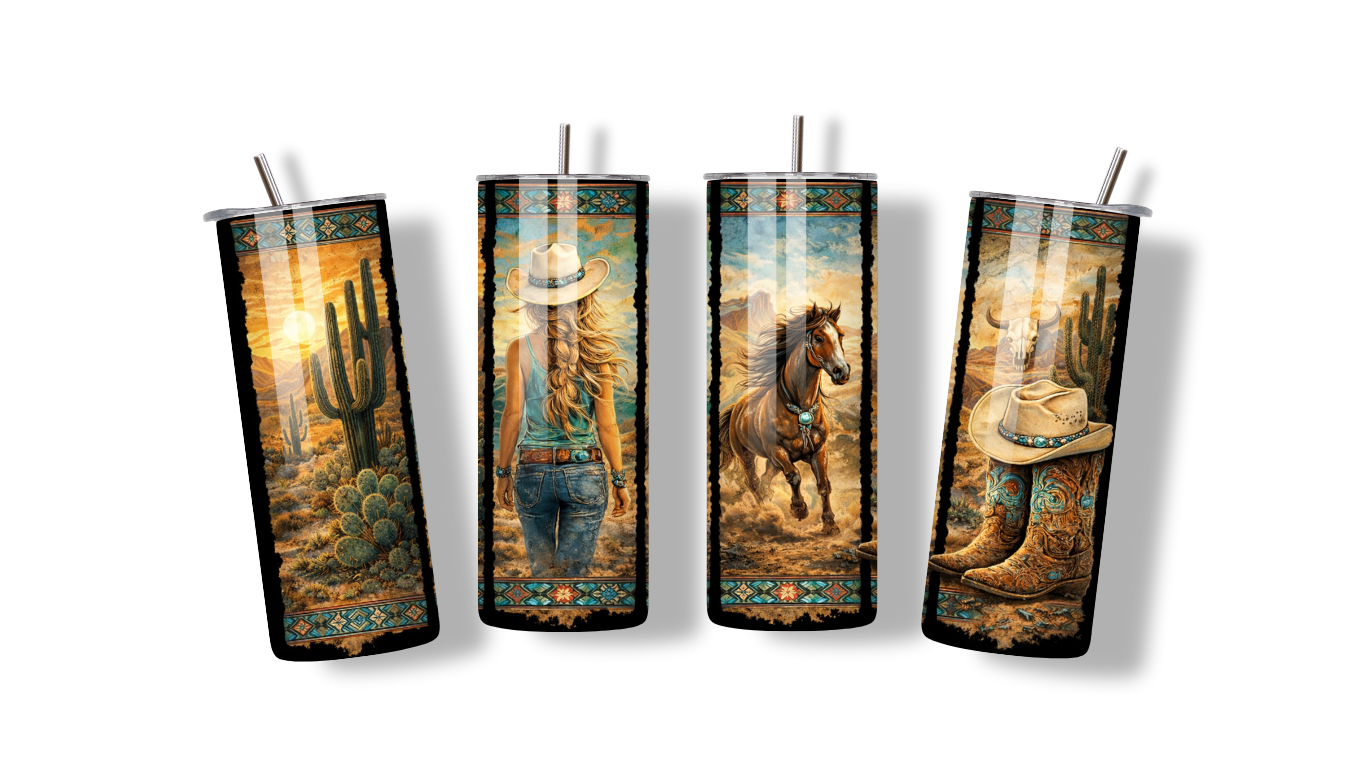 Western Desert Cowgirl Tumbler – 20oz Skinny Stainless Steel Cup with Lid & Straw | Turquoise Southwest Design