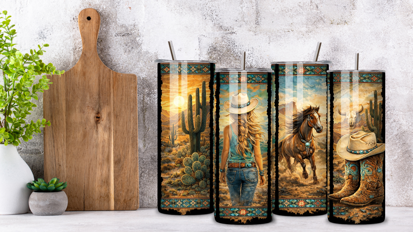 Western Desert Cowgirl Tumbler – 20oz Skinny Stainless Steel Cup with Lid & Straw | Turquoise Southwest Design