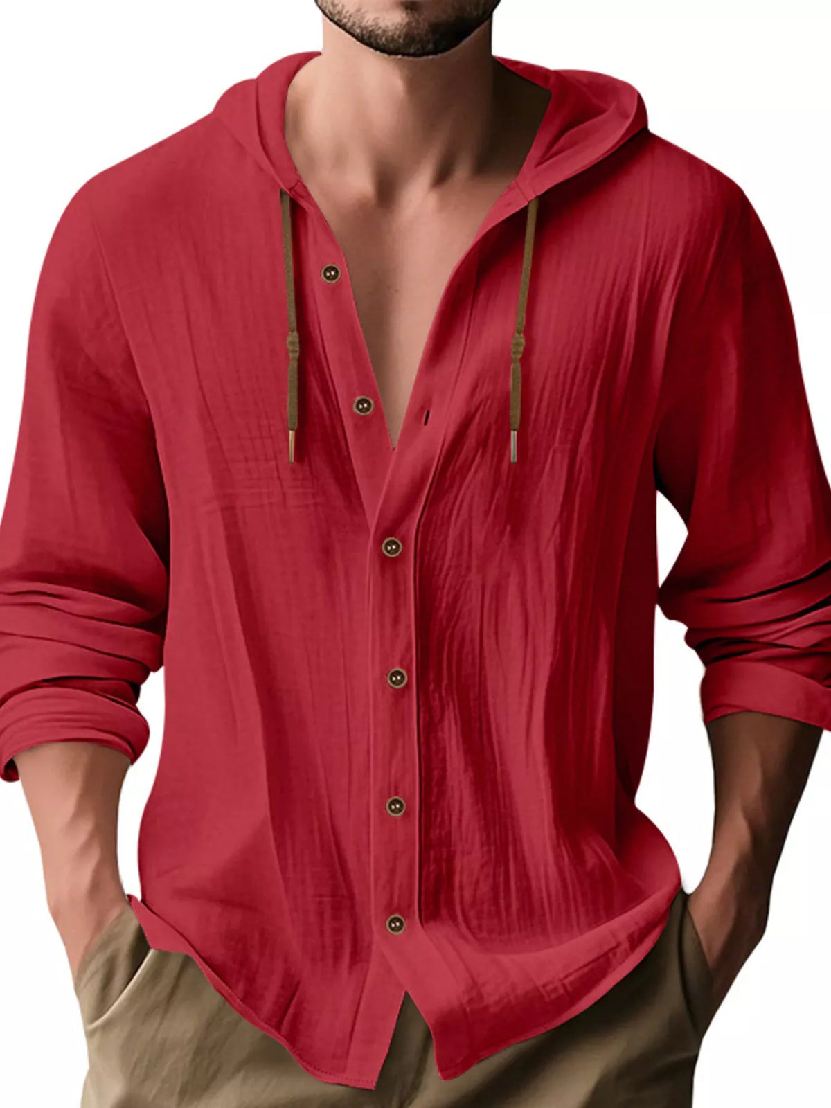 Man wearing a bright red linen blend hooded button-down long sleeve shirt