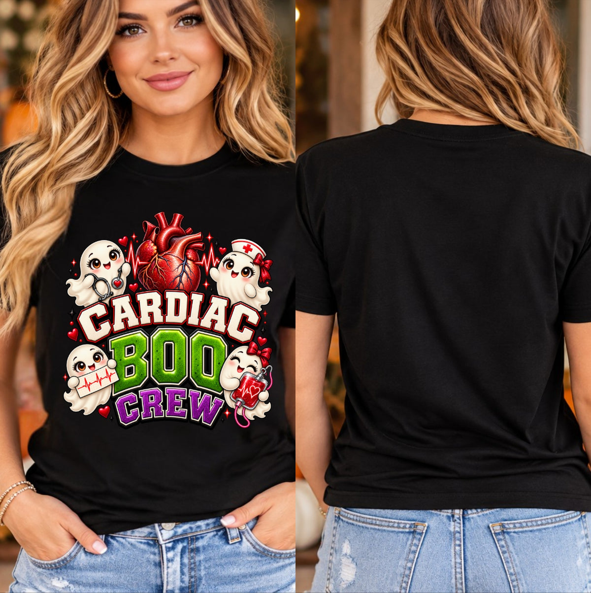 Front and back views of black Cardiac Boo Crew Halloween nurse T-shirt modeled with colorful heart and ghost graphic on front and plain black back.
