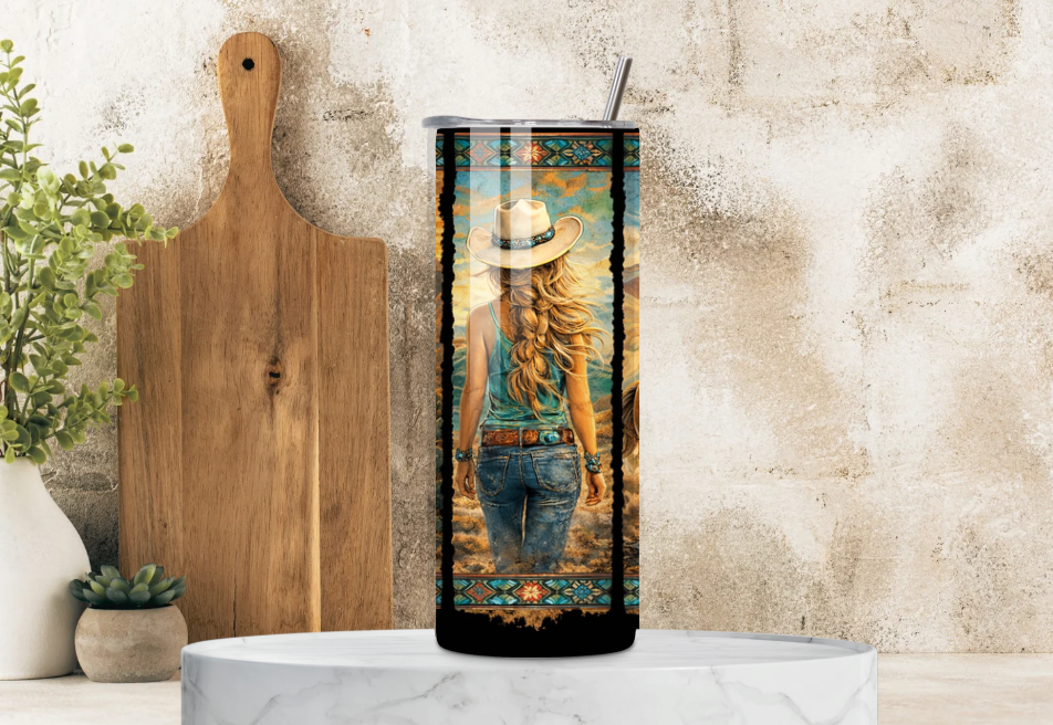Western Desert Cowgirl Tumbler – 20oz Skinny Stainless Steel Cup with Lid & Straw | Turquoise Southwest Design