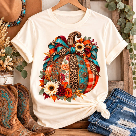 Western patchwork pumpkin graphic tee in natural ivory with turquoise, leopard print and fall florals, styled with cowboy boots and denim.