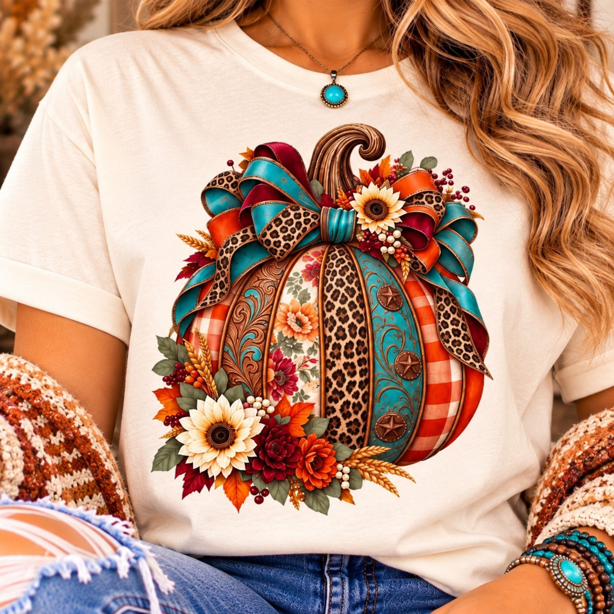 Close-up of Western patchwork pumpkin shirt featuring turquoise ribbons, leopard print, orange plaid and cranberry autumn flowers.