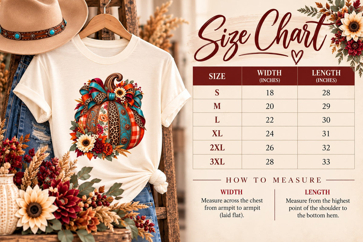Western patchwork pumpkin T-shirt size chart with flat garment width and length measurements for unisex sizes S through 3XL.