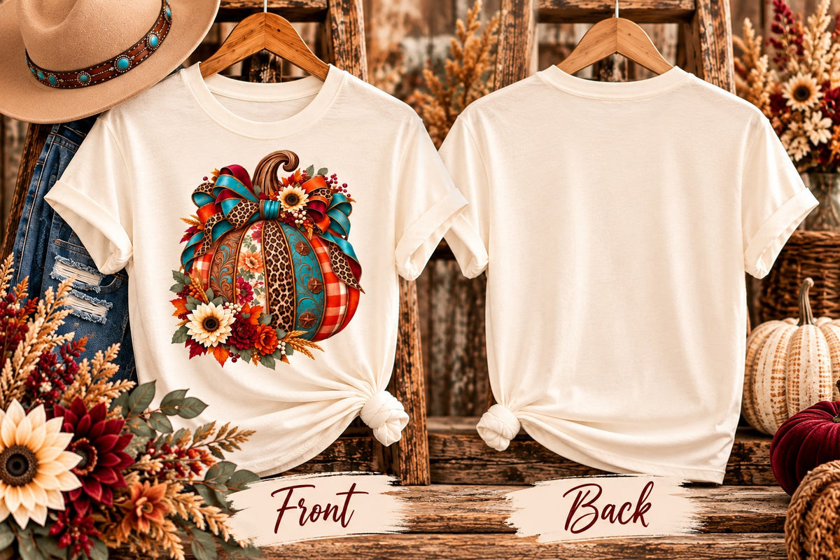 Front and back views of natural ivory Western patchwork pumpkin graphic tee showing colorful Western pumpkin artwork and plain back.