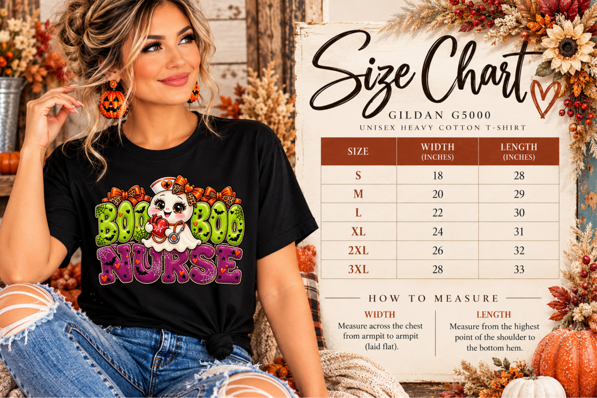 Gildan G5000 unisex T-shirt size chart for Boo Boo Nurse Halloween shirt, showing width and length measurements for sizes S through 3XL.