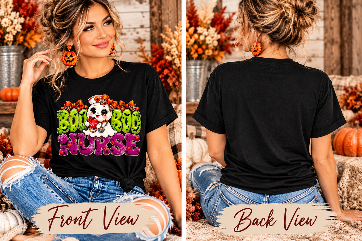 Front and back views of black Boo Boo Nurse Halloween graphic T-shirt on a model, showing colorful front design and plain black back.