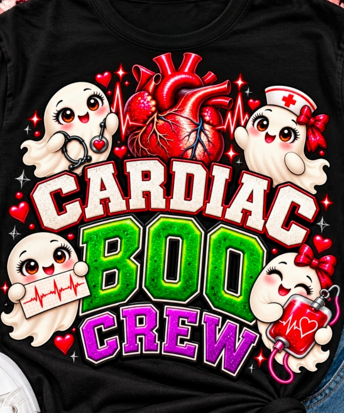 Close-up of Cardiac Boo Crew nurse Halloween shirt design featuring four cute ghosts, anatomical heart, EKG heartbeat, green BOO and purple CREW lettering.