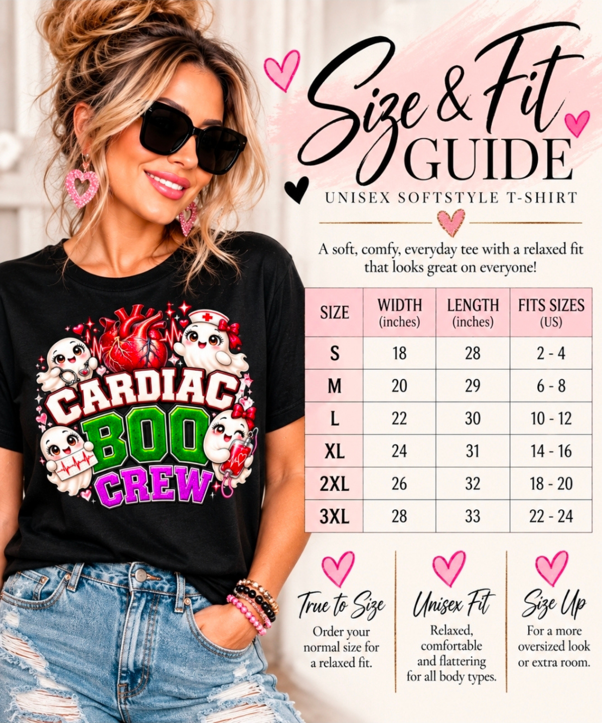 Cardiac Boo Crew black unisex nurse T-shirt size and fit chart showing S through 3XL measurements, shirt width, length and relaxed fit guidance.