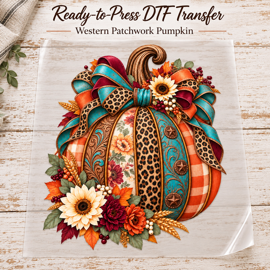 Western Patchwork Pumpkin ready-to-press DTF transfer shown on its translucent carrier sheet.