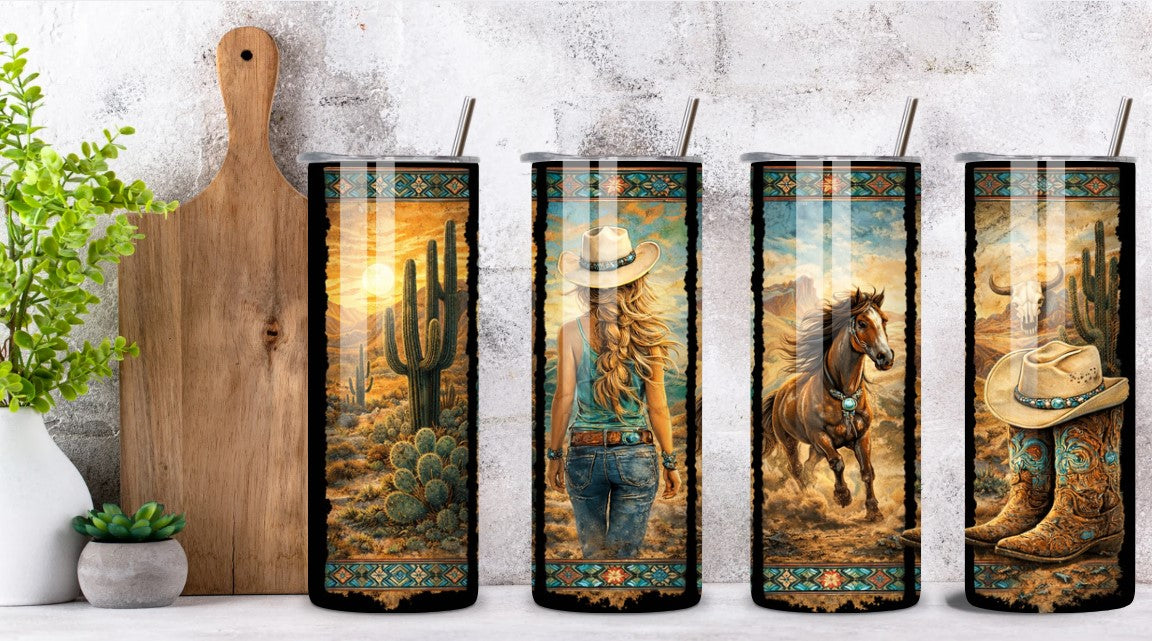 Western Desert Cowgirl Tumbler – 20oz Skinny Stainless Steel Cup with Lid & Straw | Turquoise Southwest Design