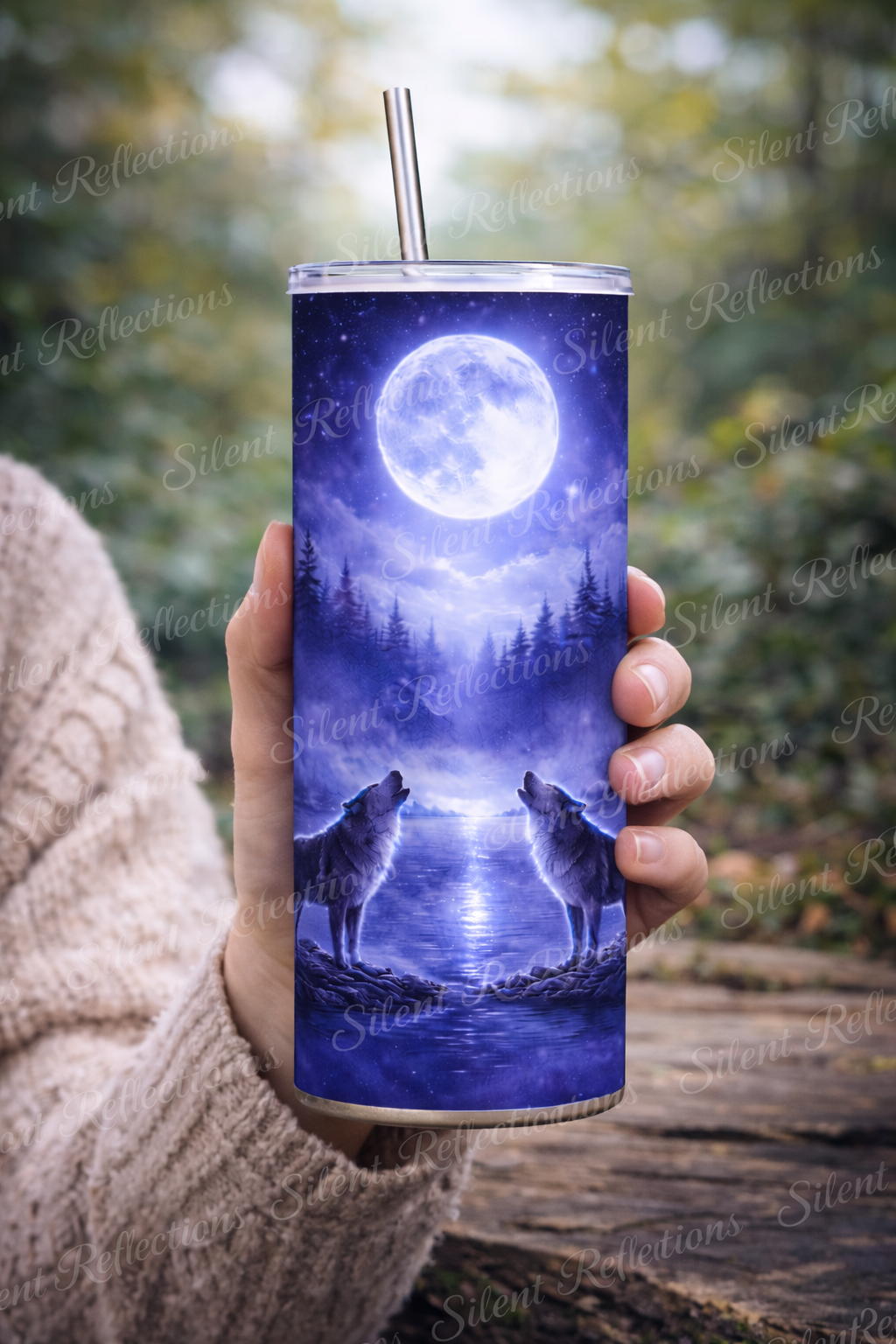 Silent Reflection 20oz Skinny Tumbler – Midnight Wolf Stainless Steel Travel Cup