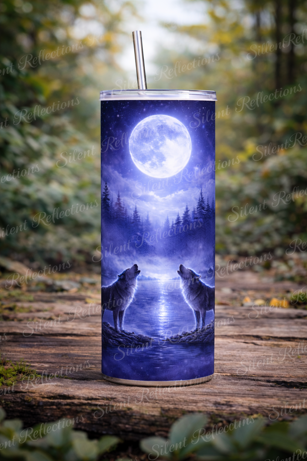 Silent Reflection 20oz Skinny Tumbler – Midnight Wolf Stainless Steel Travel Cup