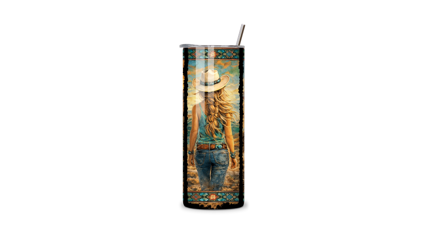 Western Desert Cowgirl Tumbler – 20oz Skinny Stainless Steel Cup with Lid & Straw | Turquoise Southwest Design