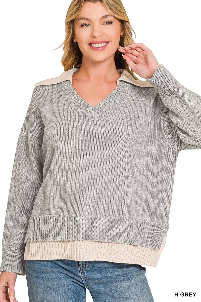 Zenana heather gray layered-look V-neck sweater front view