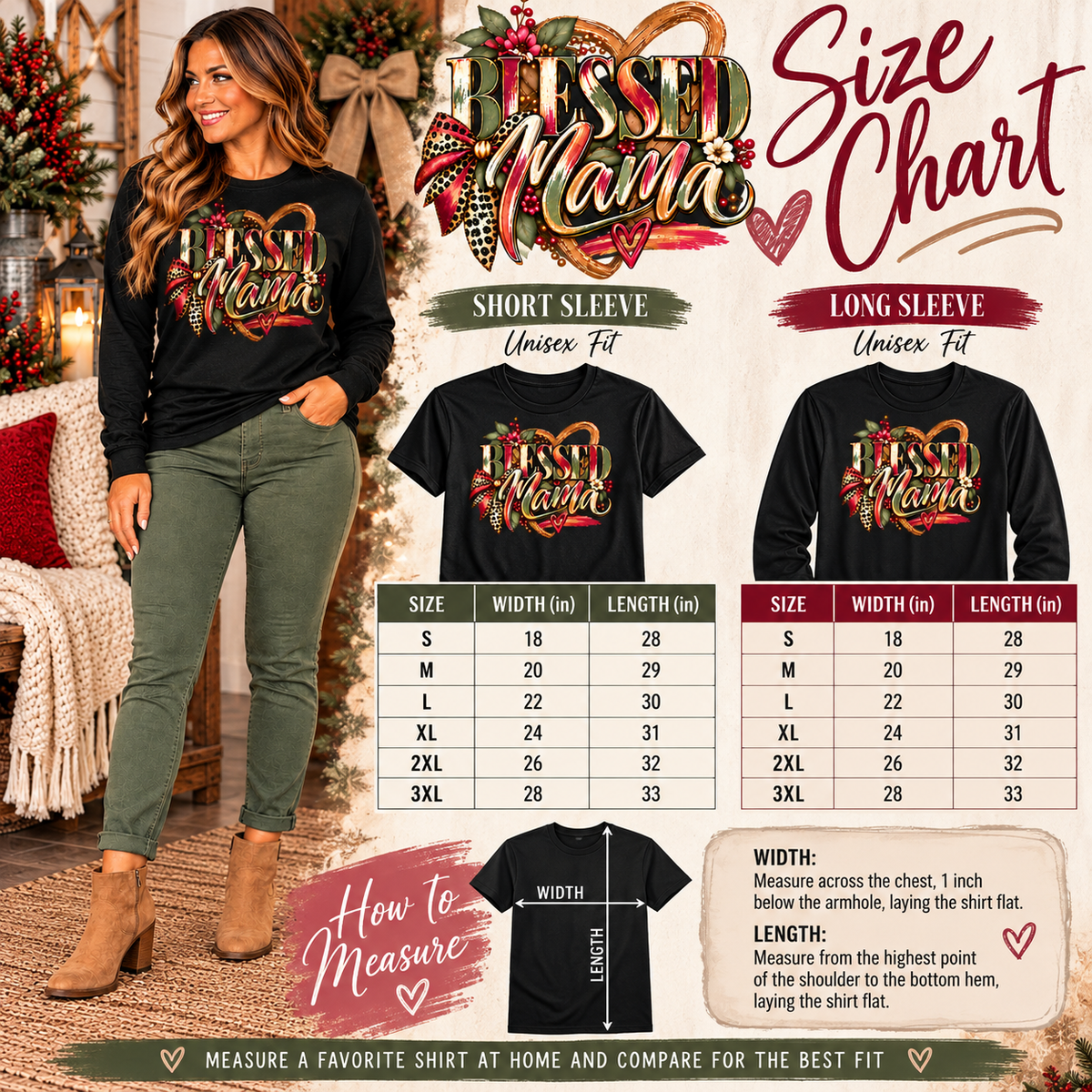 Blessed Mama shirt size chart showing flat chest width and body length in inches for short-sleeve and long-sleeve shirts, sizes S through 3XL.