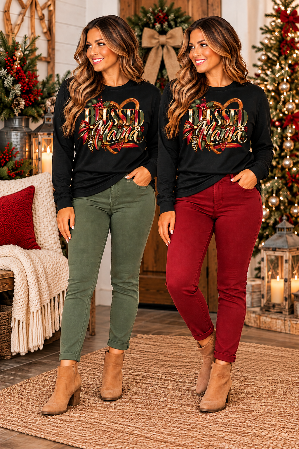 Two standing models wearing black long-sleeve Blessed Mama graphic shirts, styled with olive-green and cranberry pants and tan ankle boots against a festive Christmas boutique backdrop.