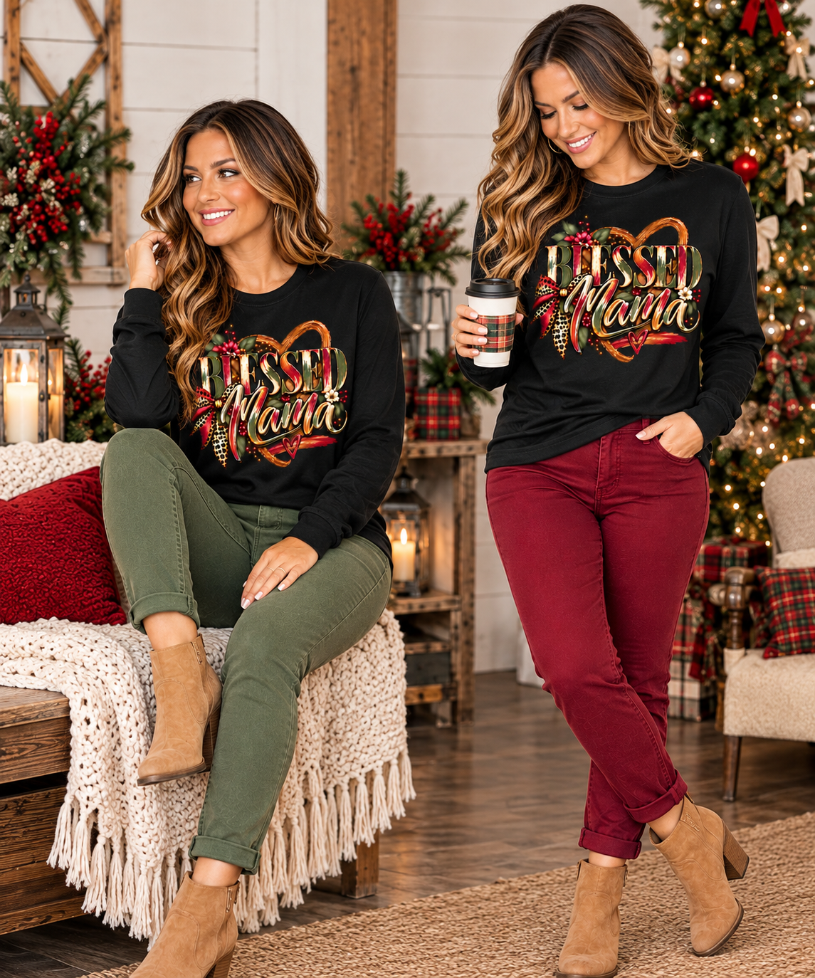 Two women modeling black long-sleeve Blessed Mama graphic shirts, one seated in olive-green pants and the other standing in cranberry pants with a coffee cup, styled with tan ankle boots in a cozy Christmas boutique setting.