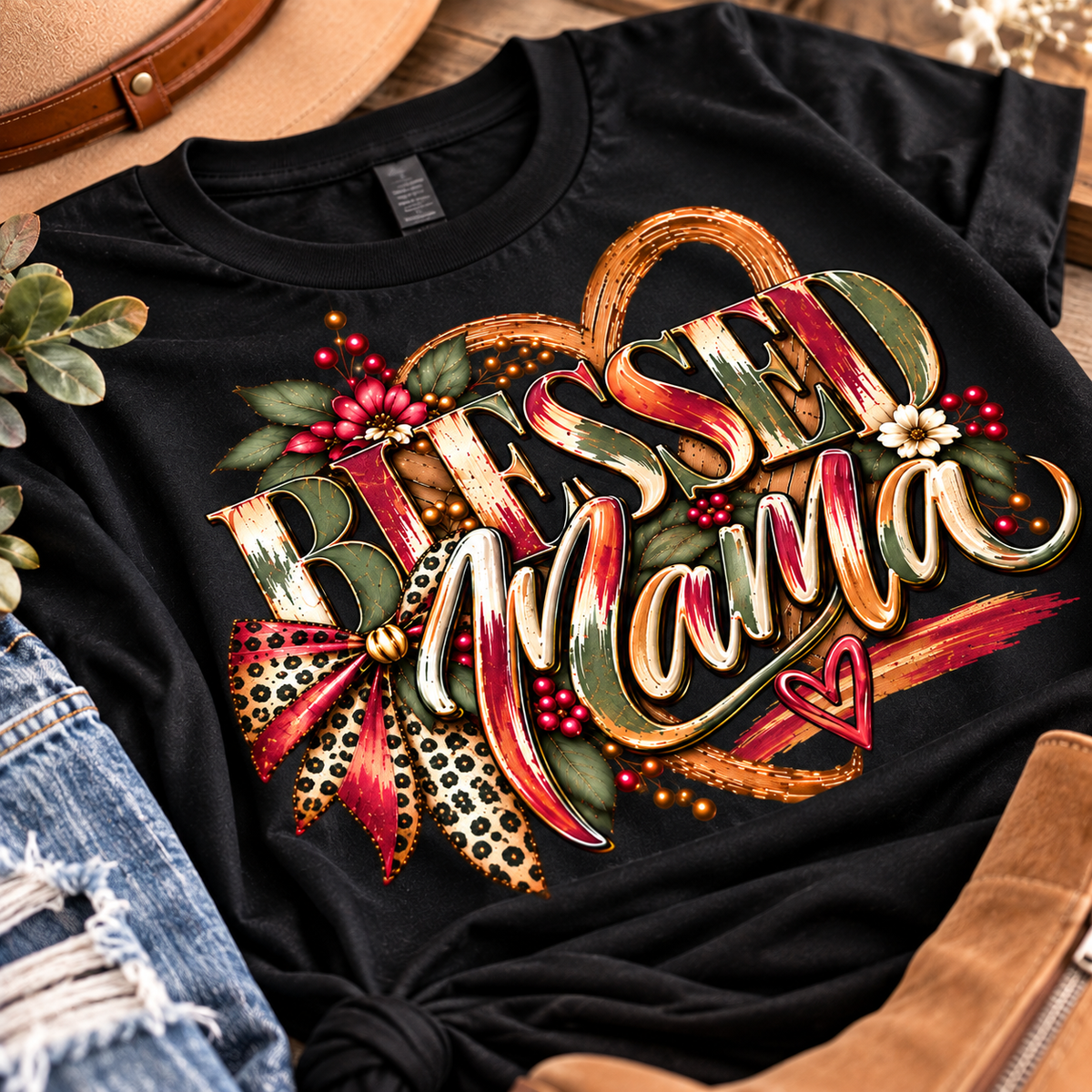 Angled close-up of Blessed Mama artwork printed on black shirt fabric, featuring cranberry and olive lettering, gold accents, florals, and a leopard bow.