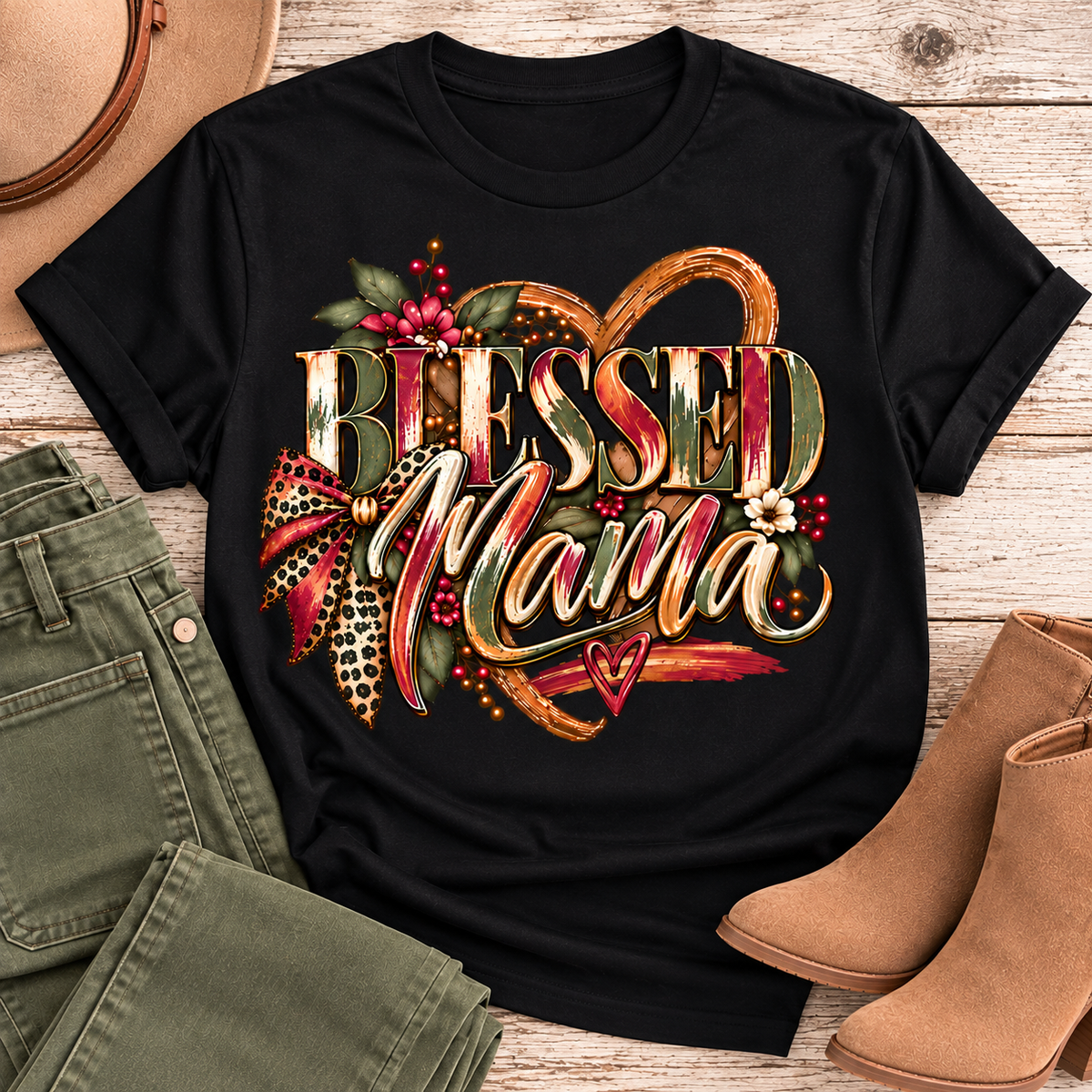 Blessed Mama shirt size chart showing flat chest width and body length in inches for short-sleeve and long-sleeve shirts, sizes S through 3XL.