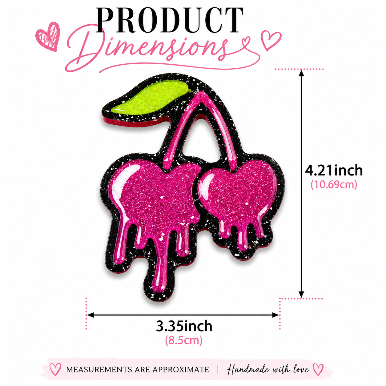 Cherry car freshie size guide showing approximately 4.21 inches high by 3.35 inches wide.
