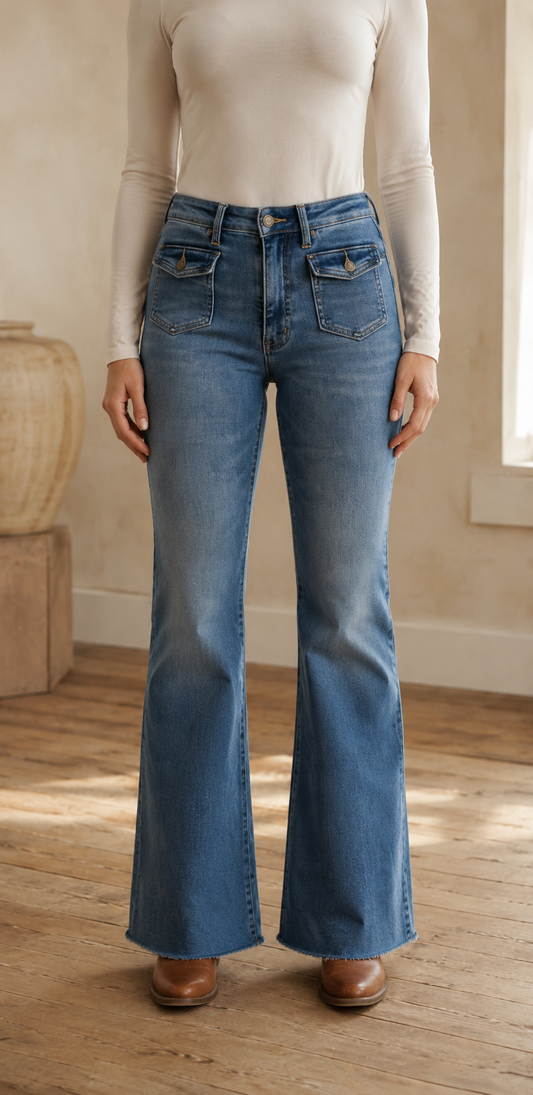 Judy Blue mid rise flare jeans with front flap pockets