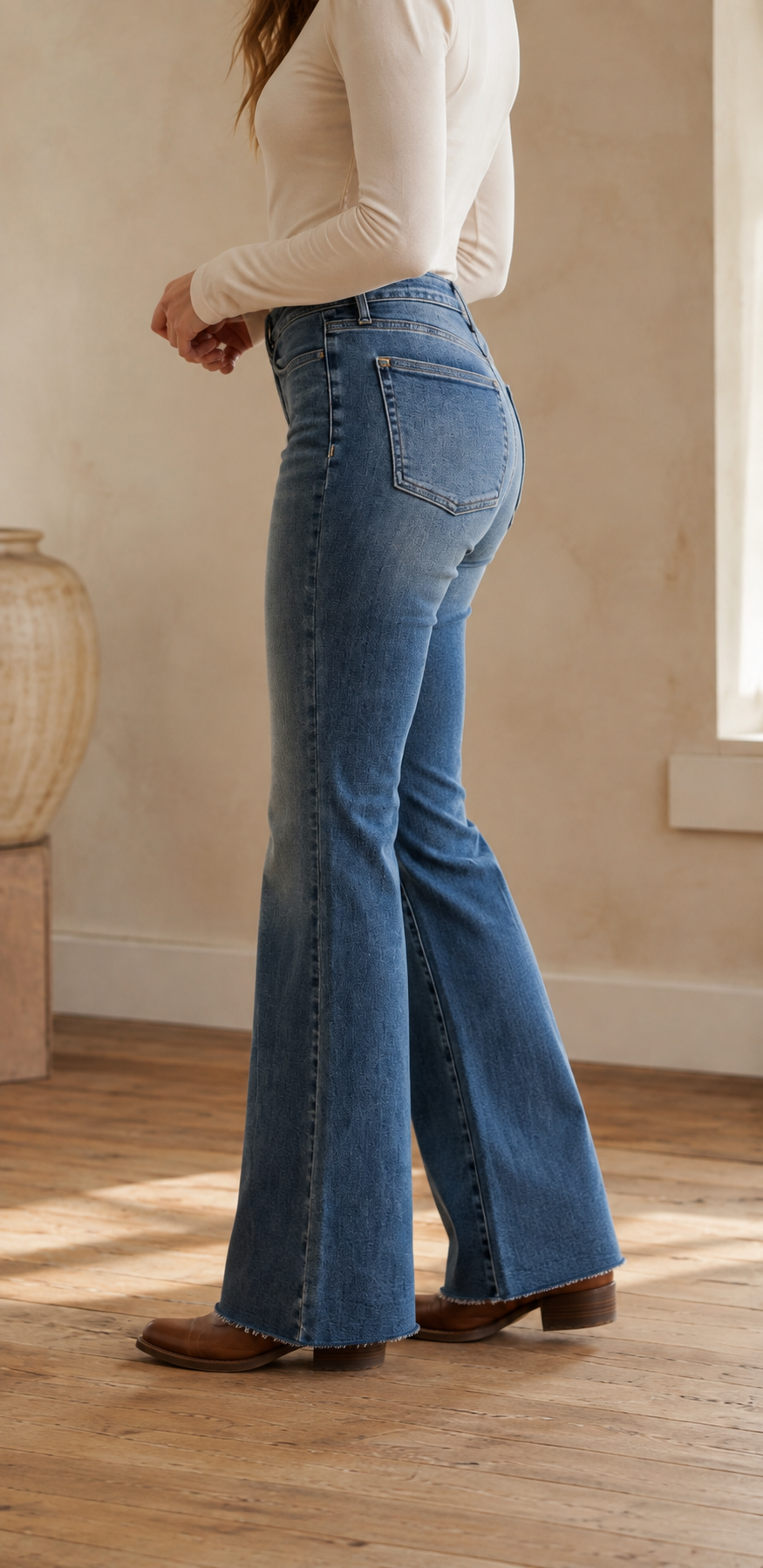 Judy Blue stretch flare jeans left side view with raw hem