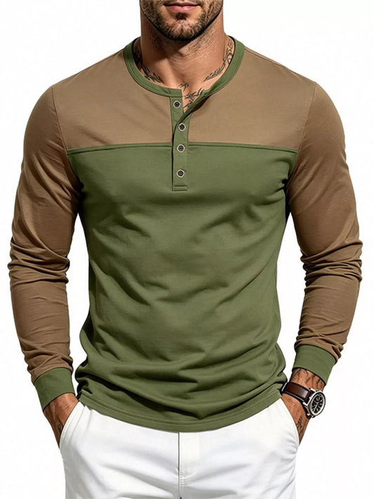 Man wearing an army green color block long sleeve Henley shirt