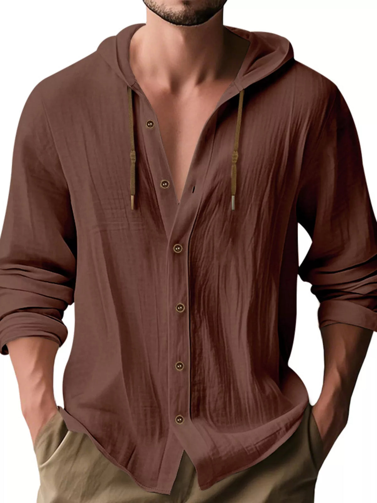 Man wearing a brown linen blend hooded button-down long sleeve shirt