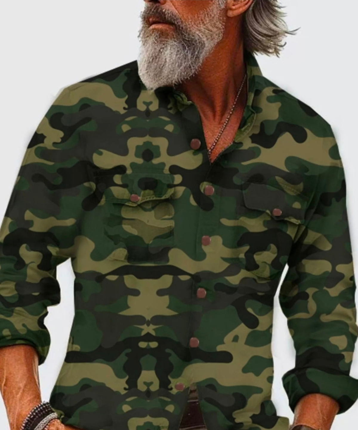 Man wearing a dark green camouflage button-up shirt with dual chest pockets, front view