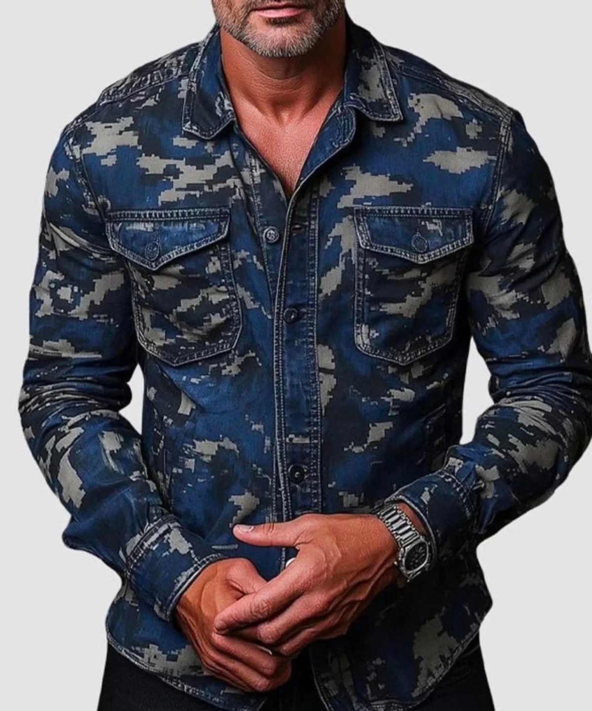Man wearing a dark navy camouflage button-up shirt with dual chest pockets