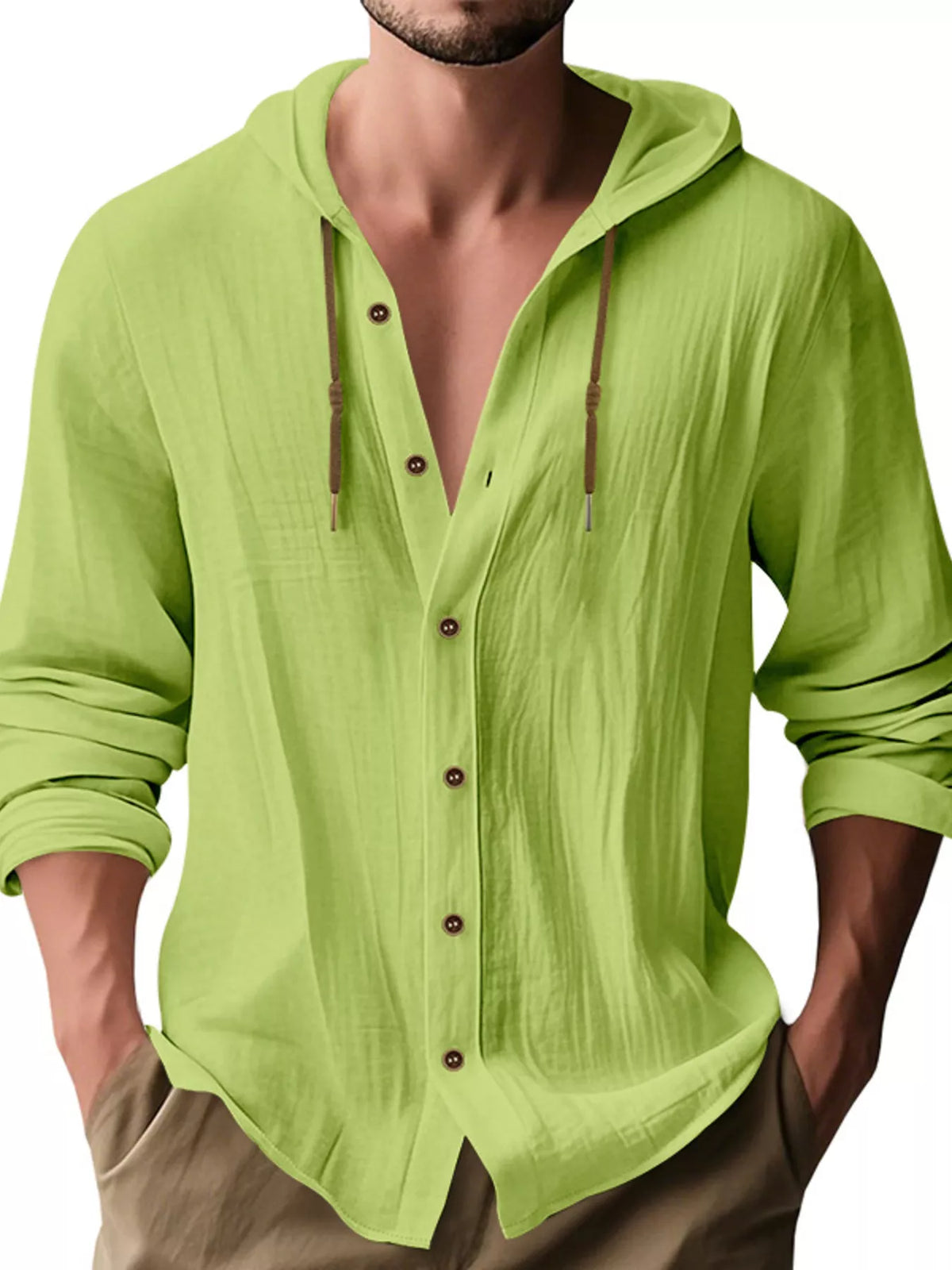 Man wearing a fruit green linen blend hooded button-down long sleeve shirt