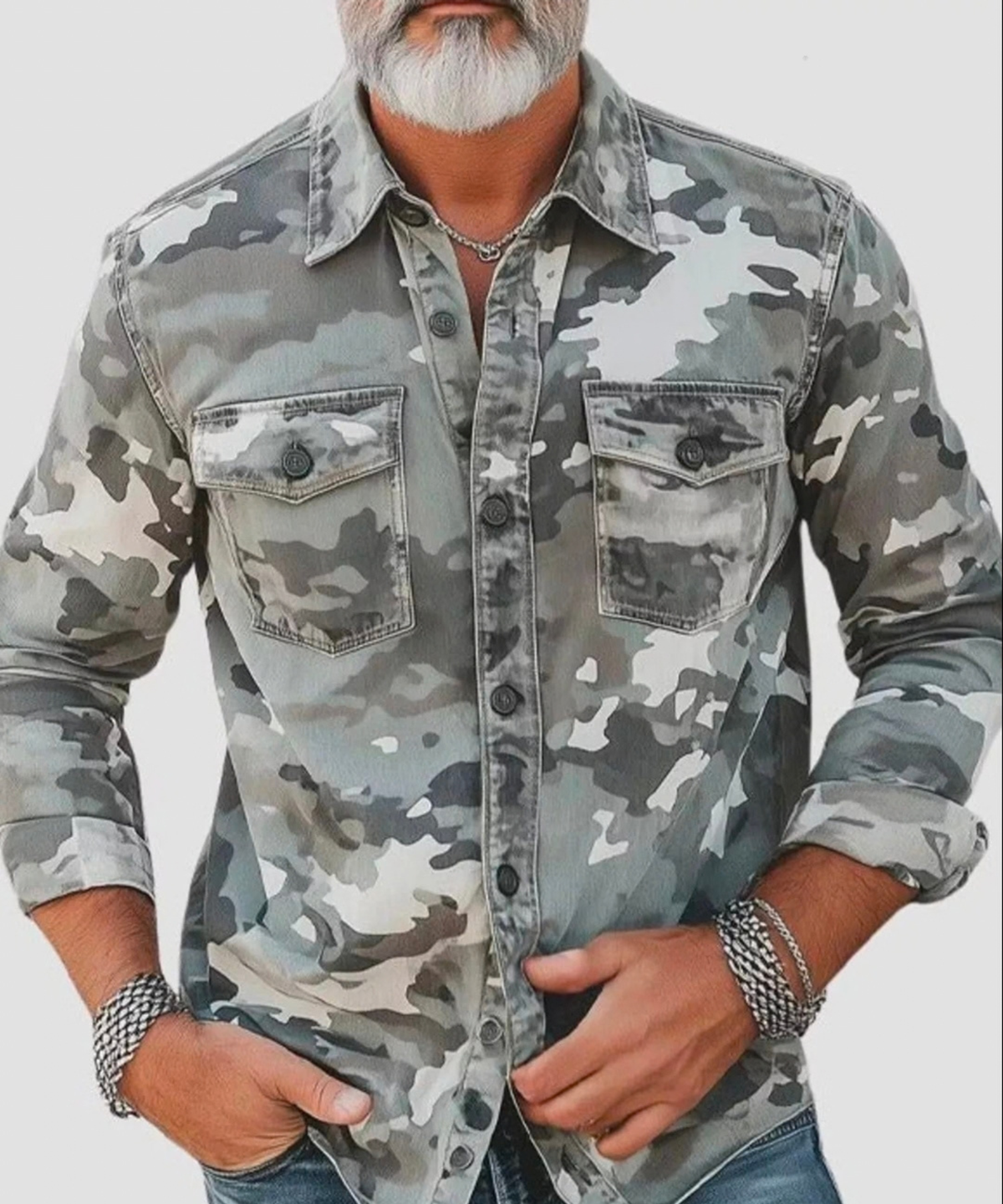 Man wearing a gray camouflage button-up shirt with dual chest pockets, front view