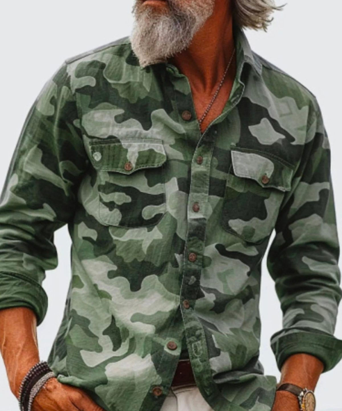 Man wearing a green camouflage button-up shirt with dual chest pockets, front view