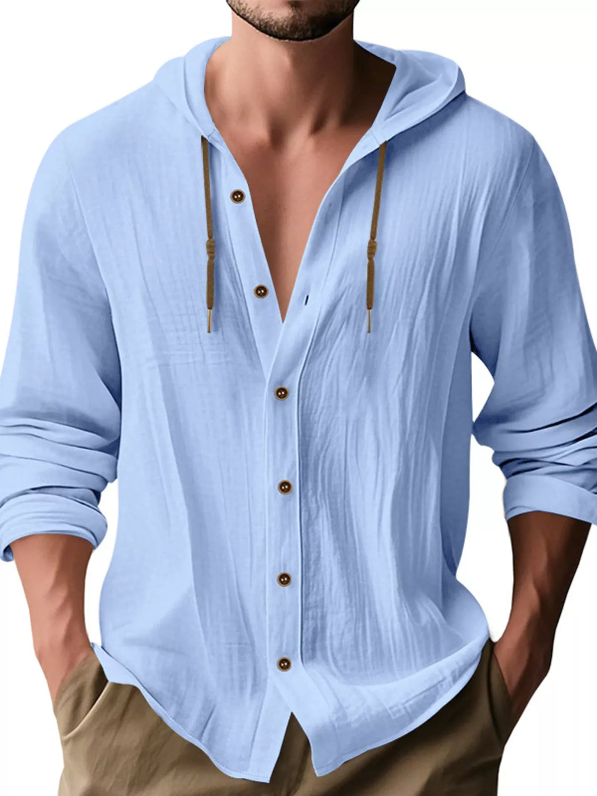 Men wearing a light blue linen blend hooded button-down long sleeve shirt
