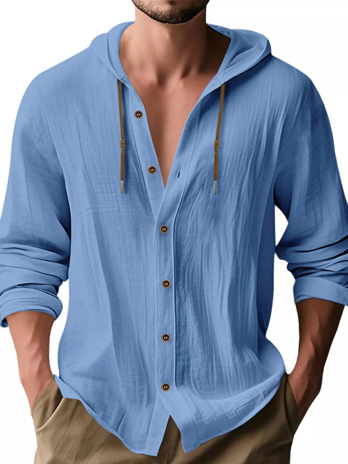 Man wearing a light blue linen blend hooded button-down long sleeve shirt