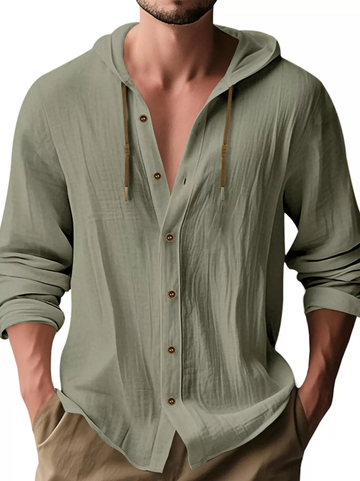 Man wearing a military green linen blend hooded button-down long sleeve shirt