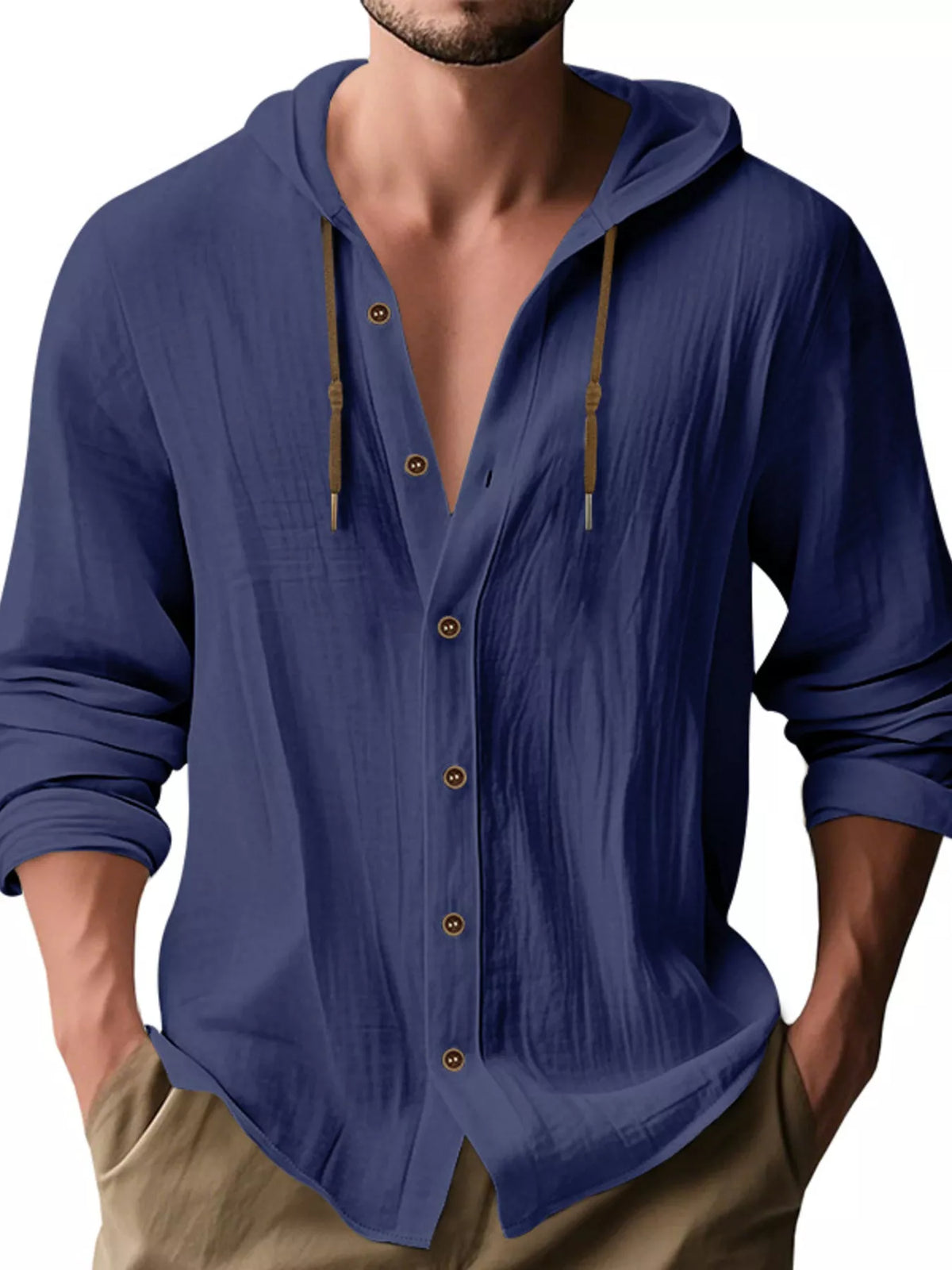 Man wearing a navy-blue linen blend hooded button-down long sleeve shirt