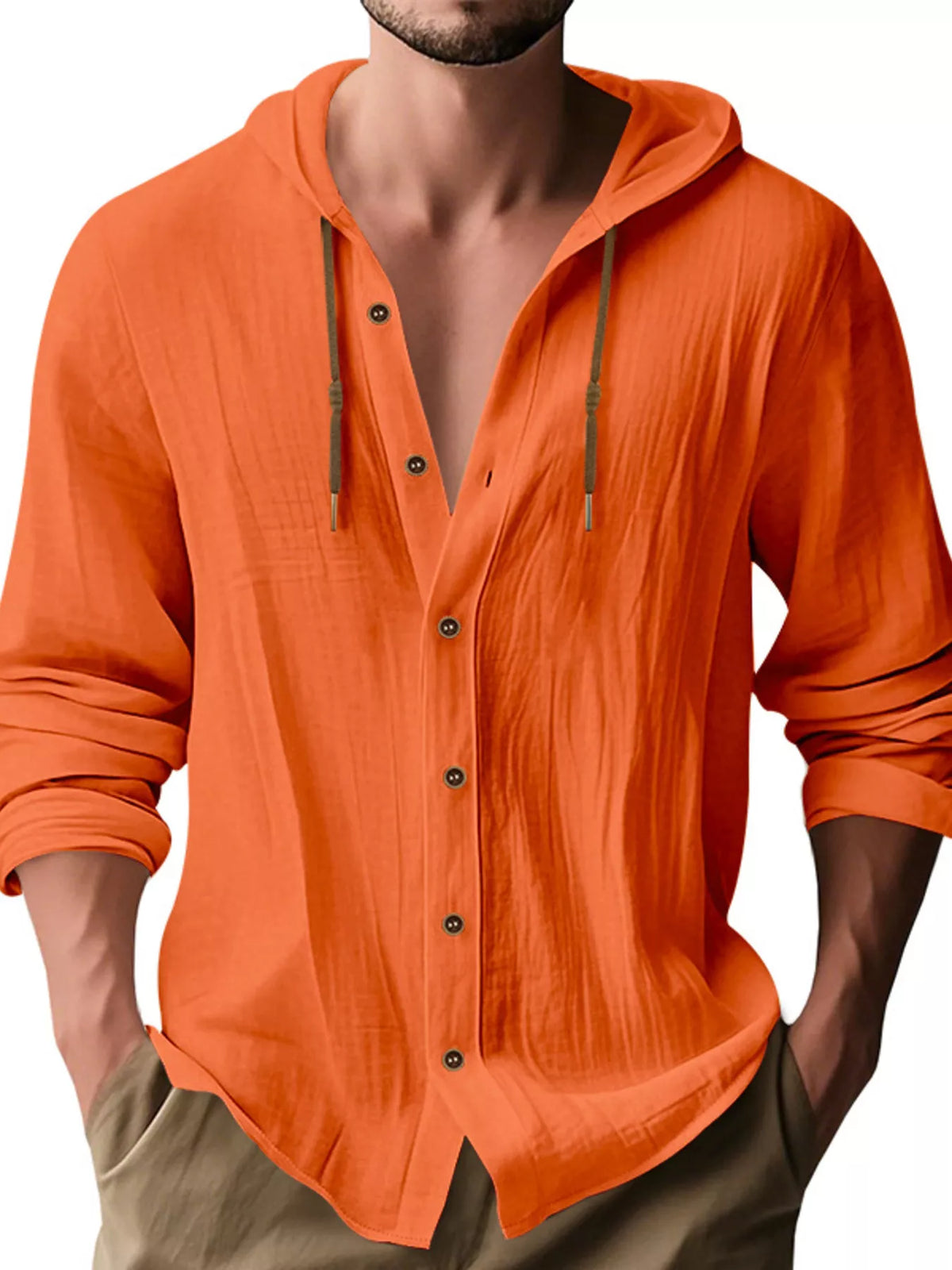 Man wearing an orange linen blend hooded button-down long sleeve shirt