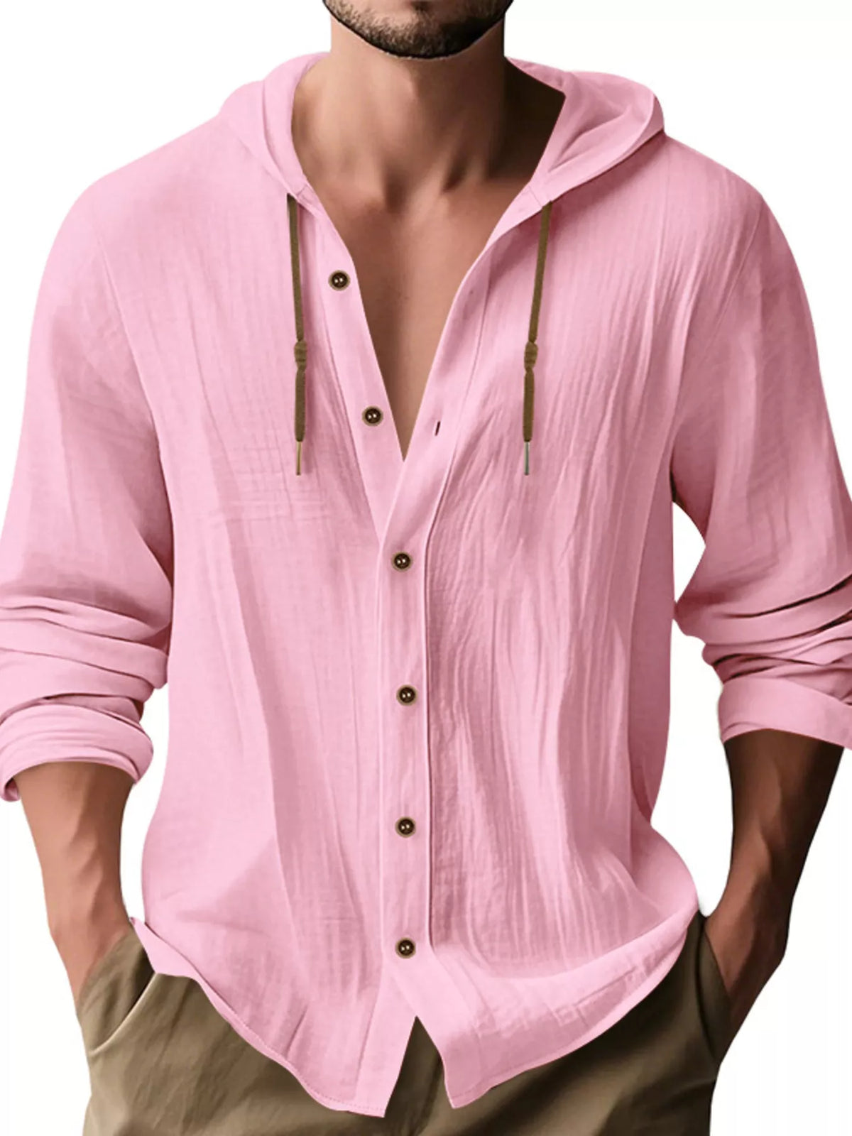 Man wearing a pink linen blend hooded button-down long sleeve shirt