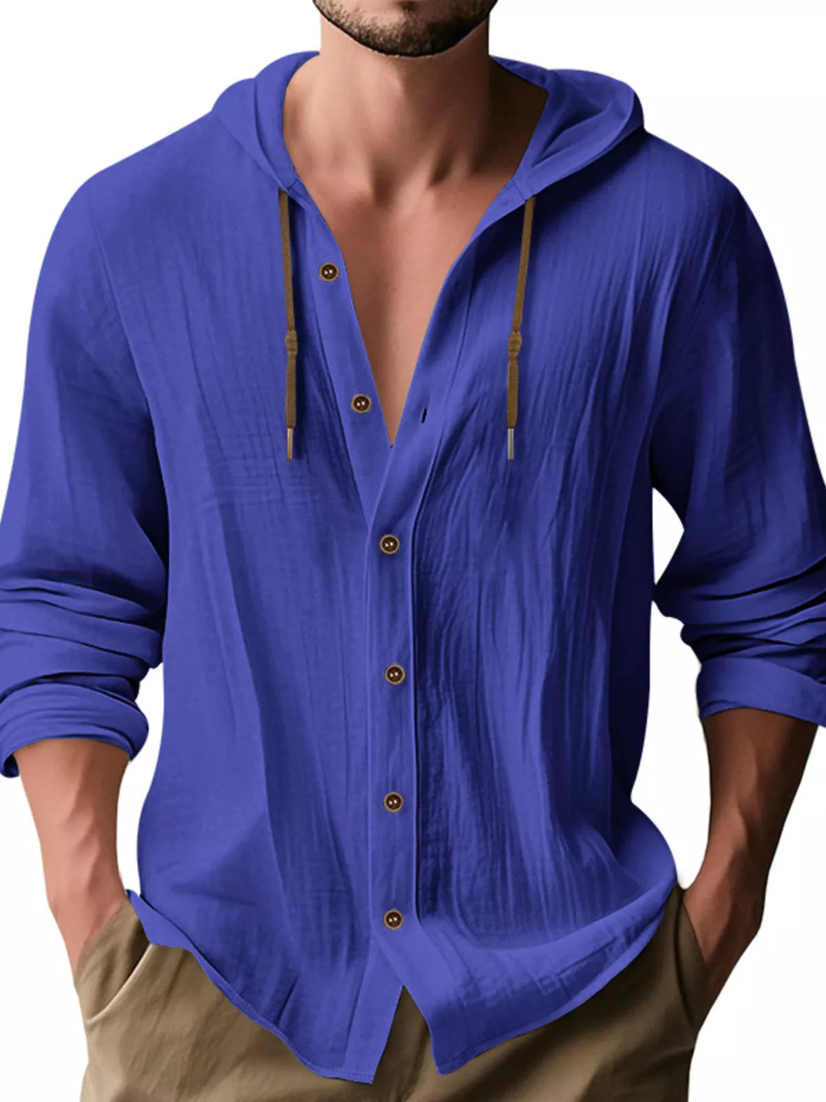 Man wearing a royal blue linen blend hooded button-down long sleeve shirt