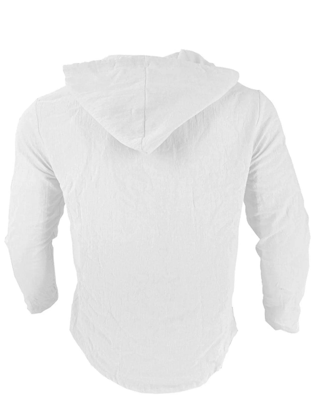 Back view of men's white linen blend hooded button-down long sleeve shirt