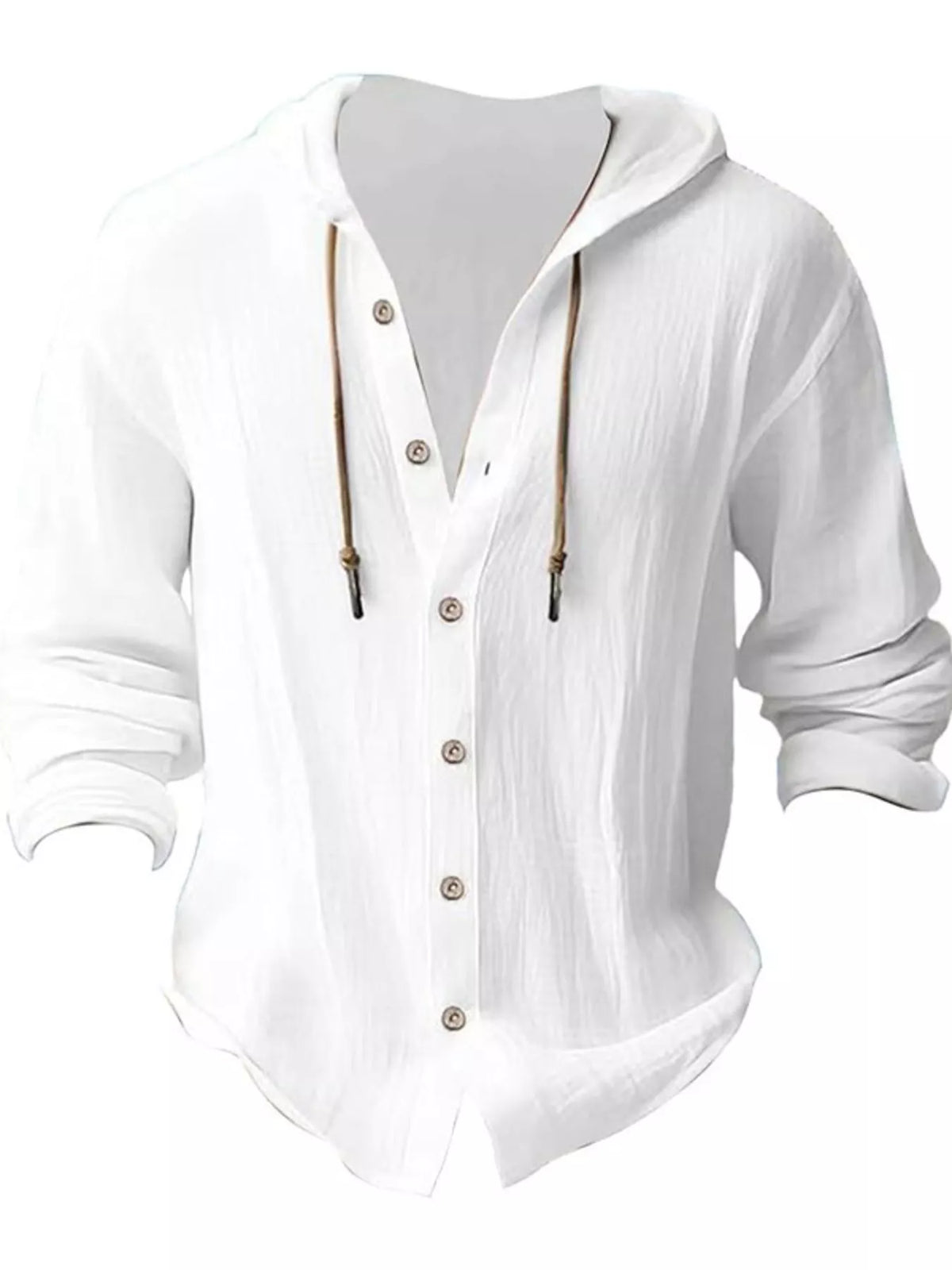Men's white linen blend hooded button-down long sleeve shirt with drawstring hood, front view